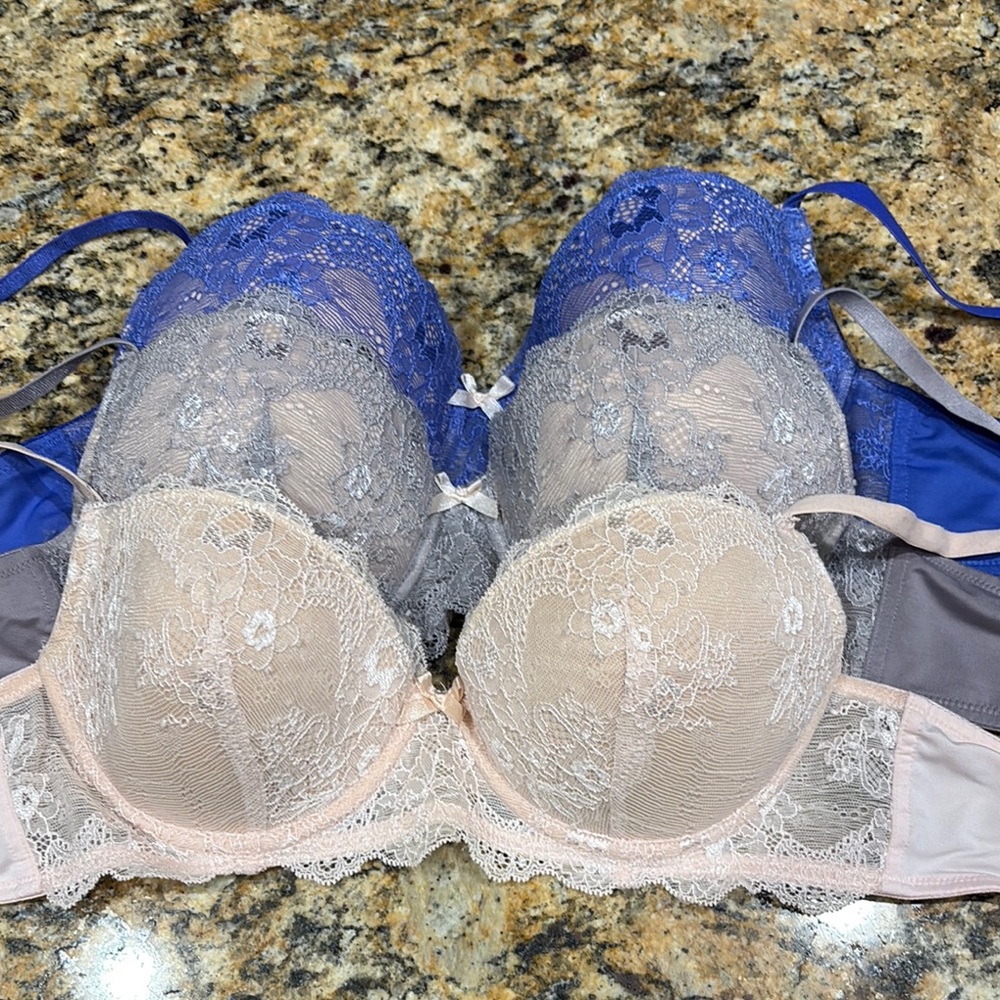 Betsey Johnson Blue, Grey and Cream Lace Bras 36B
